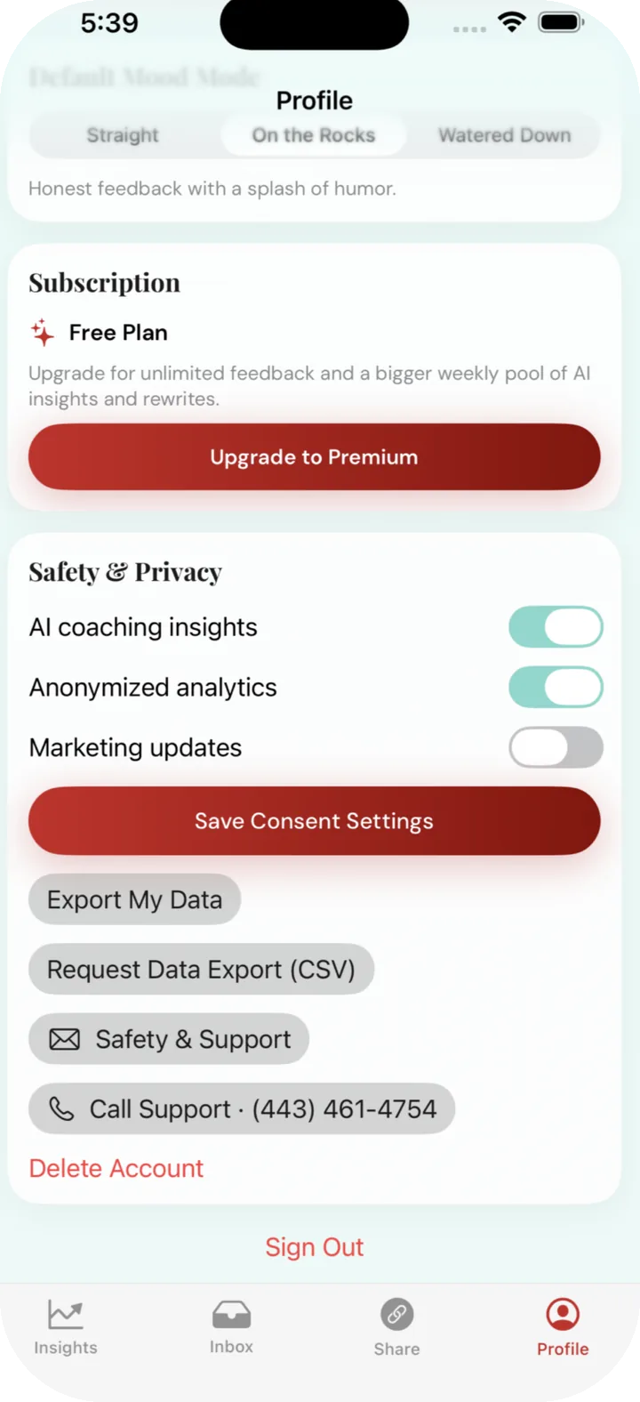 Safety and privacy settings with export and delete options