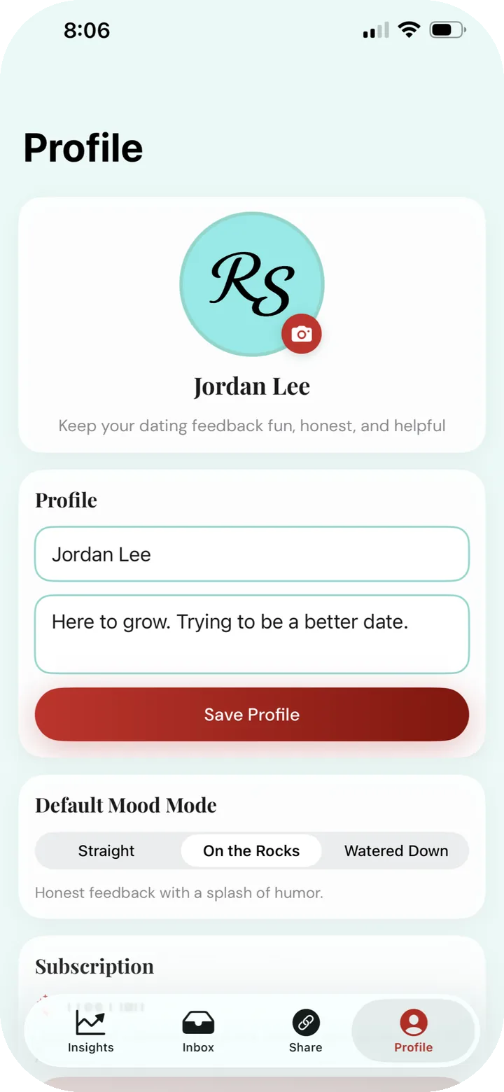 Profile screen with default mood mode selector