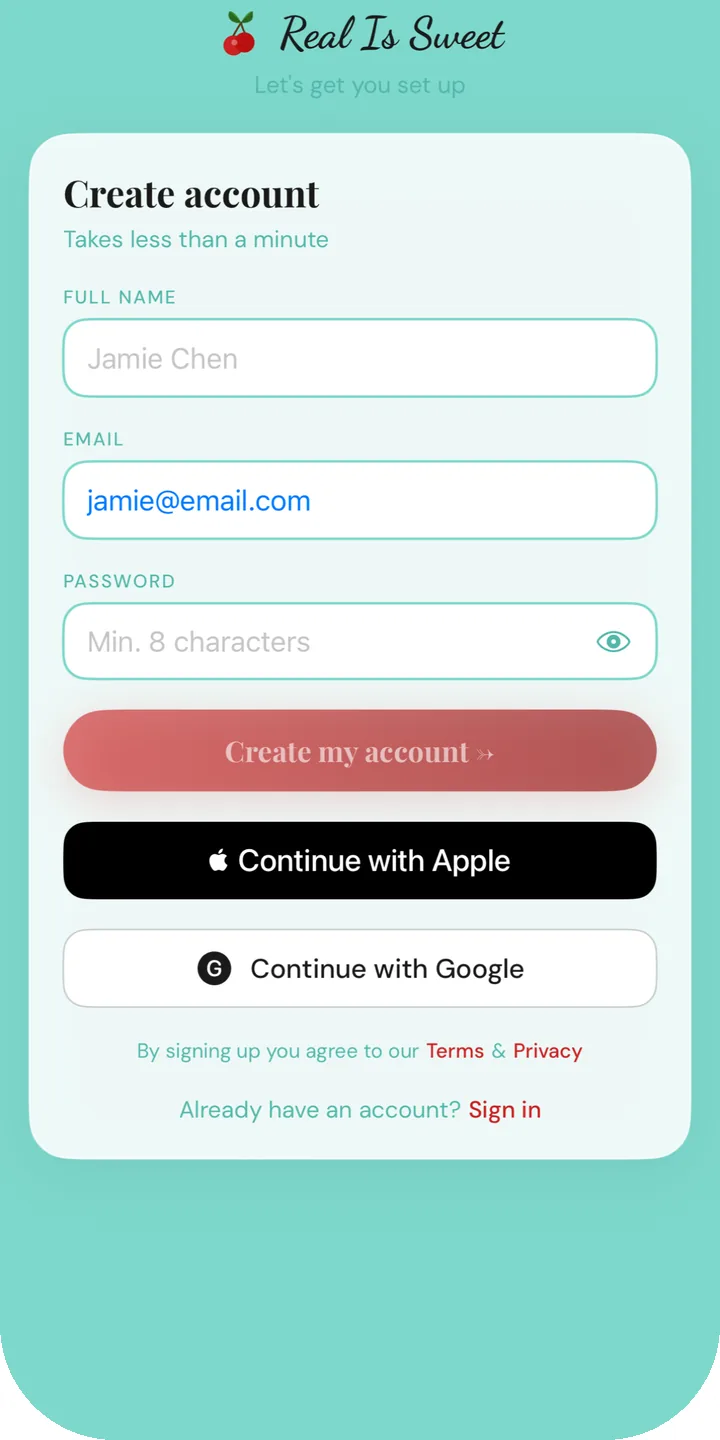 Create account screen